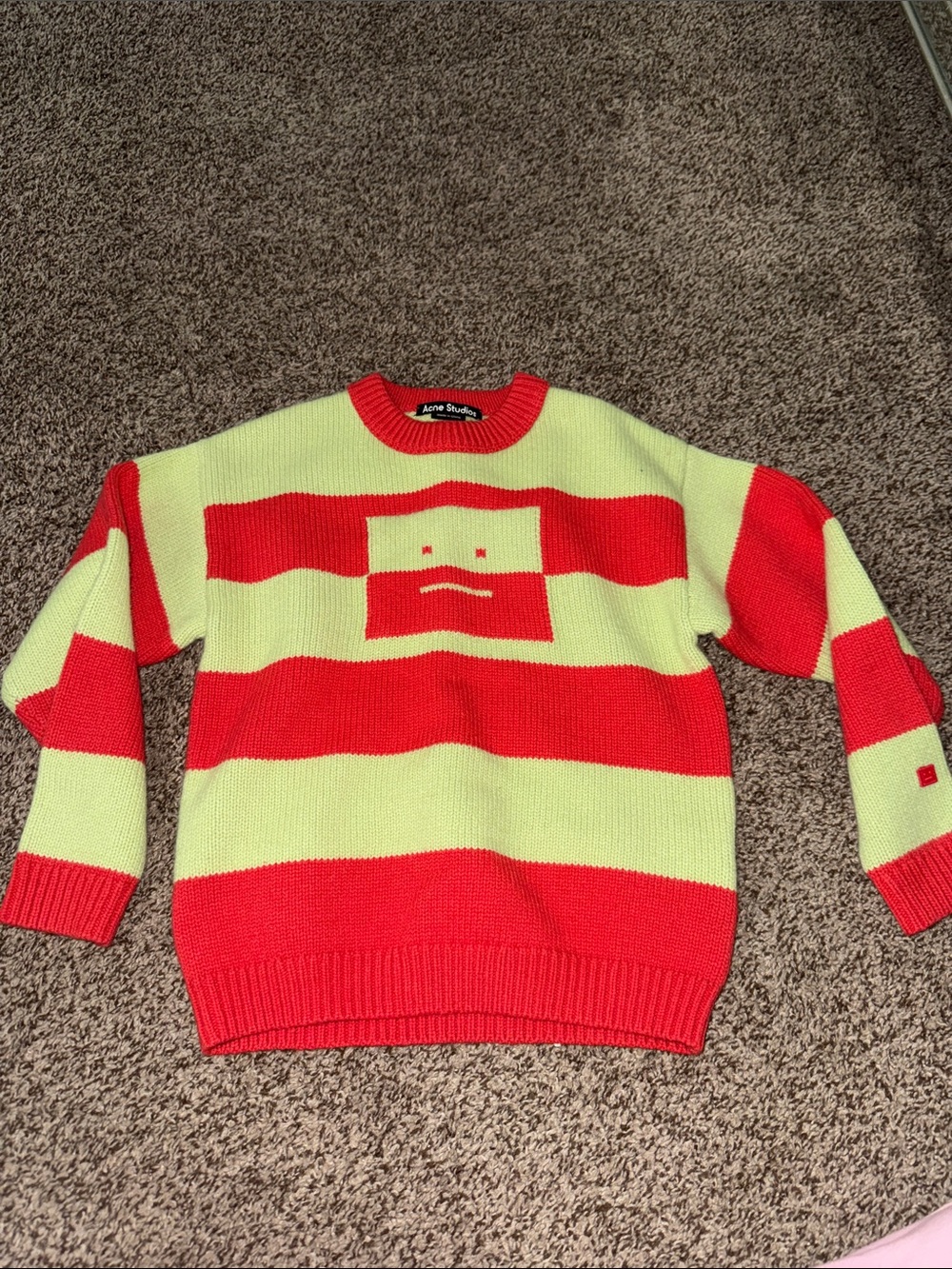 Acne Red & Light Yellow Striped Crewneck Sweater with Icon Motif
